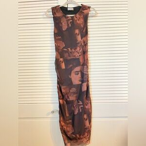 DIONYSUS MESH DRESS ,Brown Artistic Print Maxi Dress